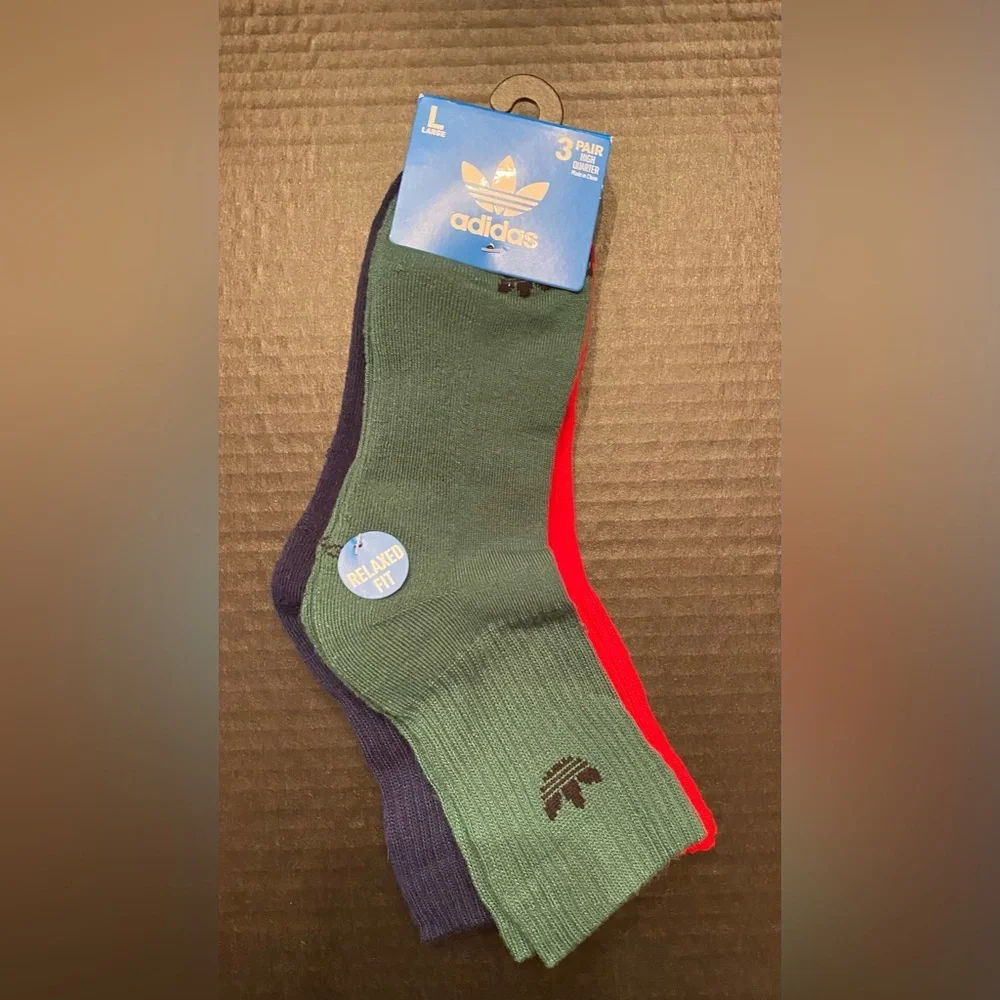 Adidas 3 Pack High Quarter Socks Men's Size Large (8-12) Green Blue Red